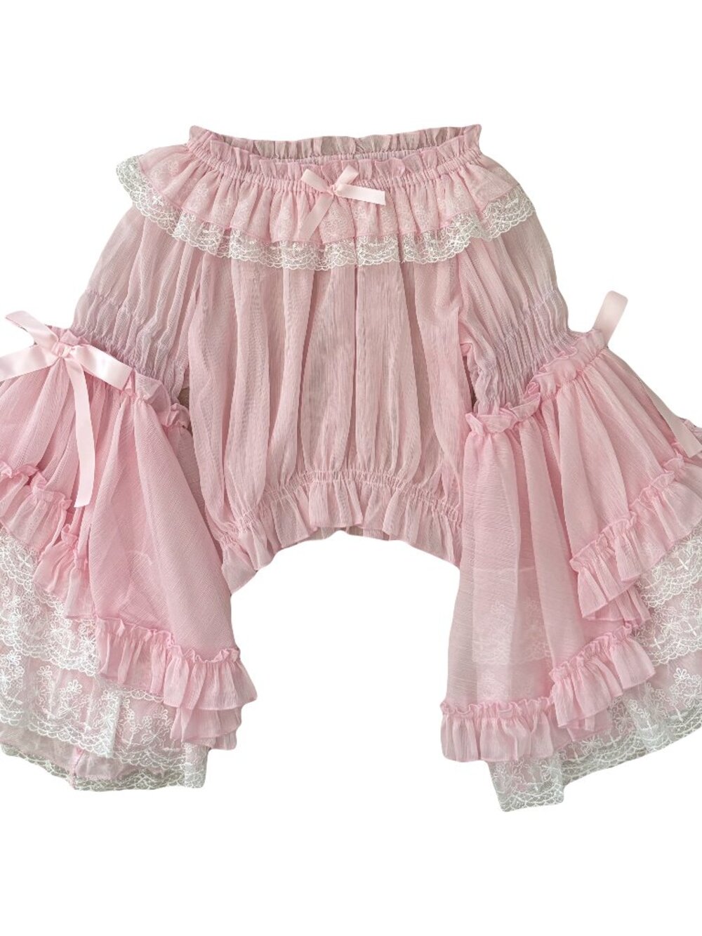 Heavy-duty bell sleeves pink yarn lace lolita cropped top